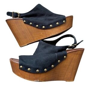 Studded Wood Wedge Sandals Slingback Open Toe 7 Suede